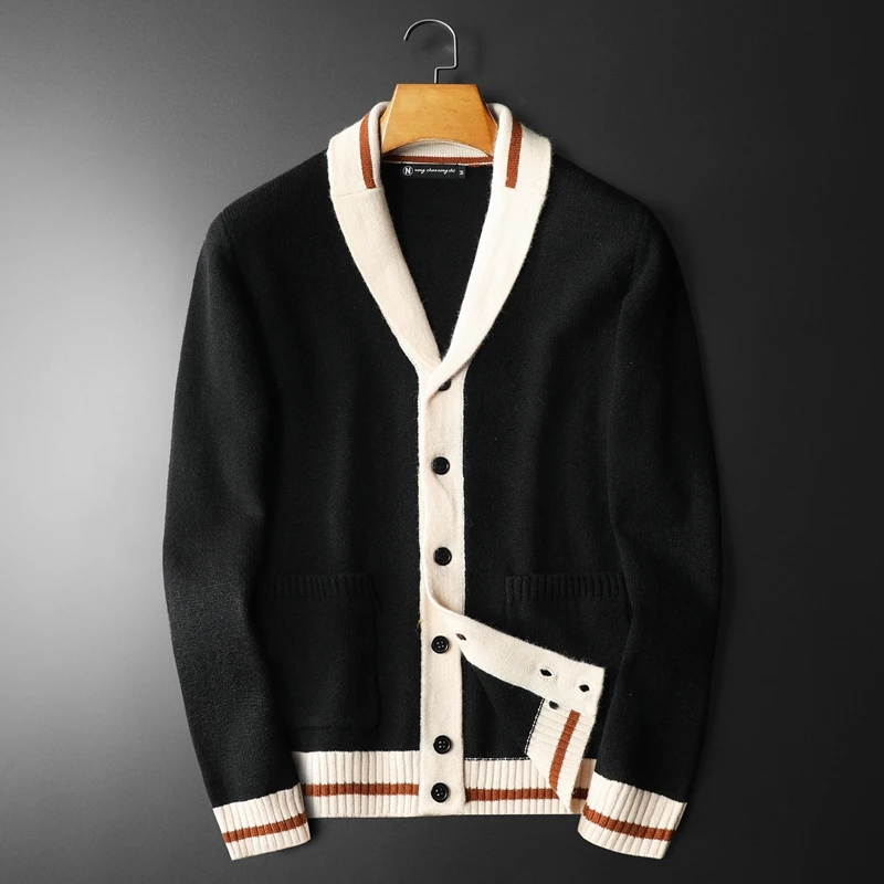 European men's cardigan 2024 autumn and winter new knitted sweater large size V-neck color matching casual trendy jacket
