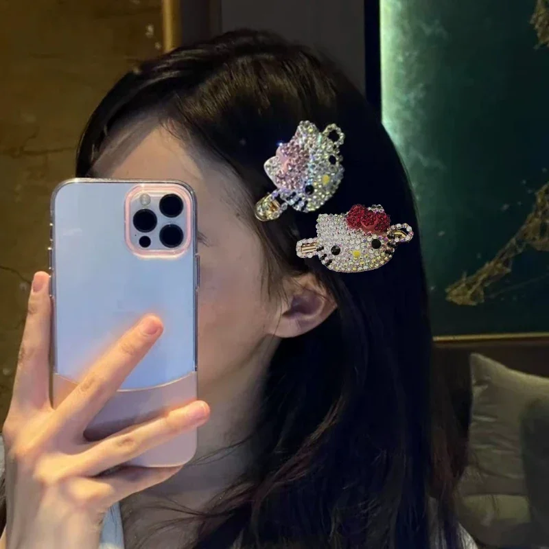 Horquilla de Hello Kitty de 4 estilos, pinzas para el cabello con diamantes de imitación brillantes de gato KT de dibujos animados Y2K, pasadores para niñas, accesorios para el cabello para niños, regalo