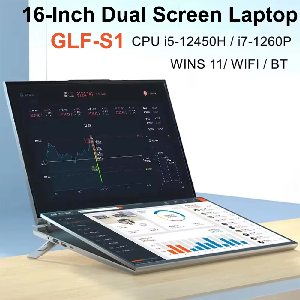 GLF-S1 Laptop 16+16 Inch Big Dual Screen Windows 11 57WH Camera Laptop Computers Intel I5-12450H Stand Gaming Laptops Mini PC