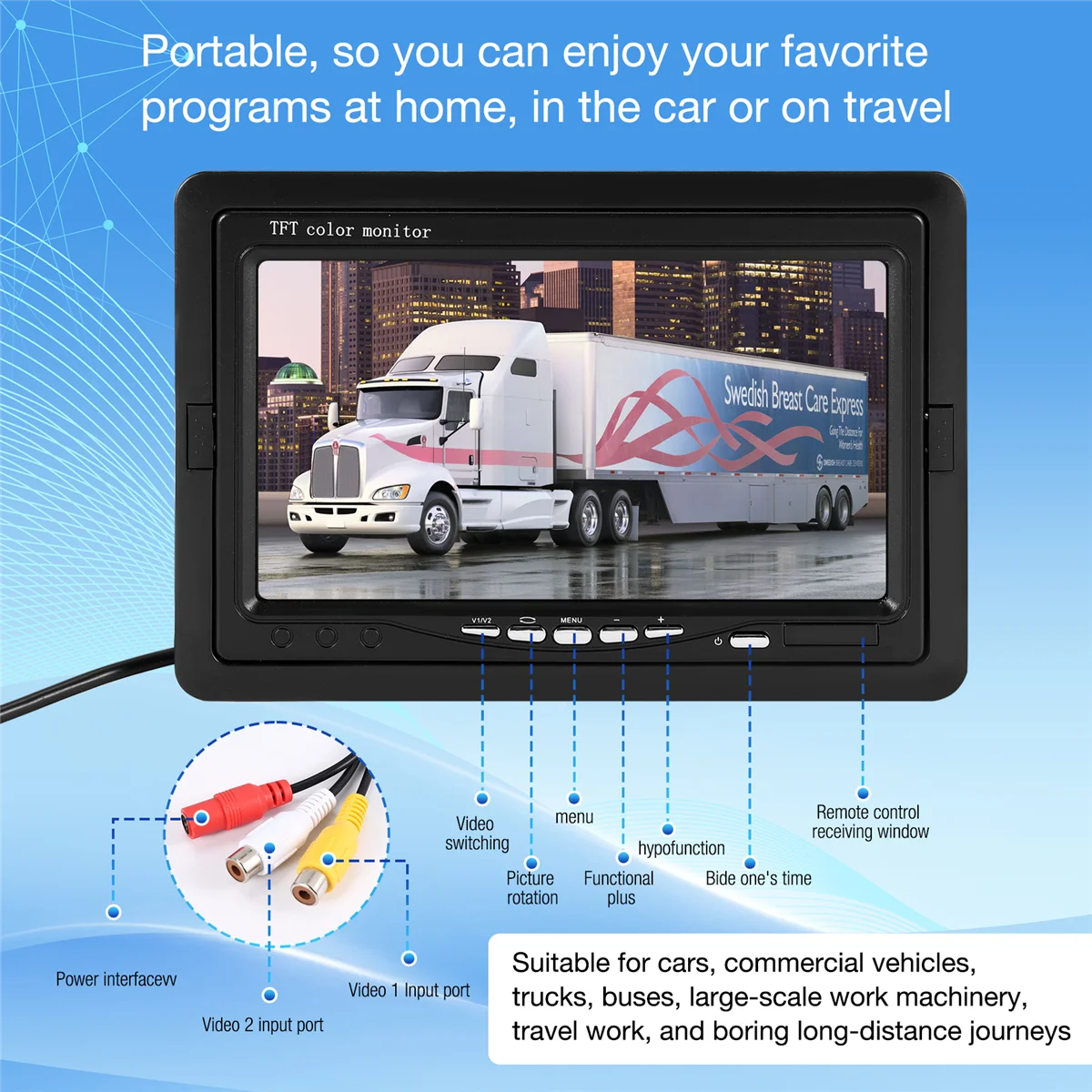 

#088F Mini TV 7 Inch HD Monitor 800X480 Portable Car LCD Screens on DVD/CMMB Two Input for Passenger Cars Trucks (black)
