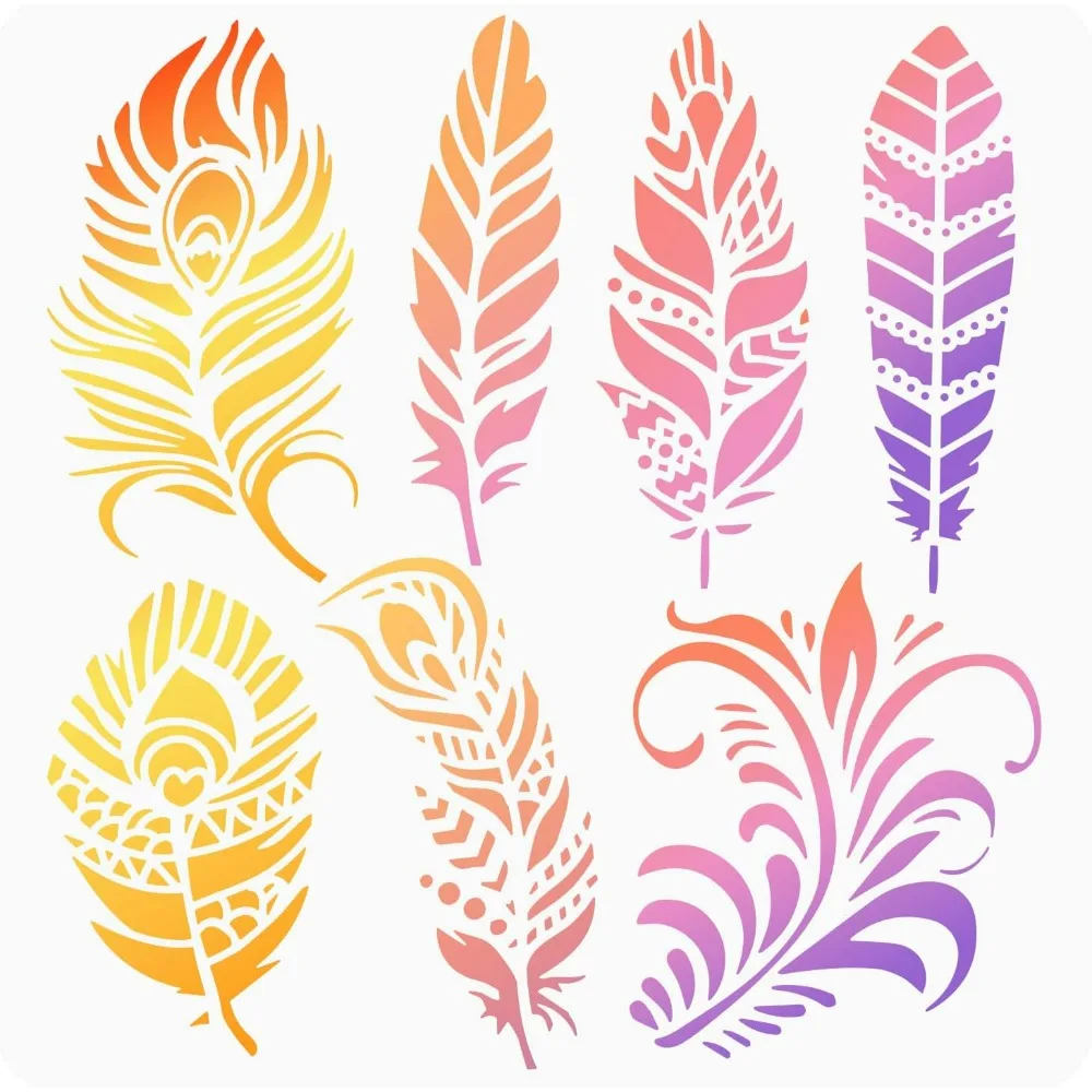 Mandala Feather Painting Stencil 11.8x11.8 inch Hollow Out Indian Feather Craft Stencil Reusable Plastic 7 Style Feather