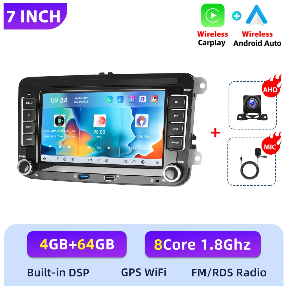 Podofo 2DIN 4+64G autoradio voor Seat Altea vanaf 05/2004, draadloze Carplay, Android Auto, Mirror Link, GPS, WIFI, autoradio, BT, USB, FM/RDS
