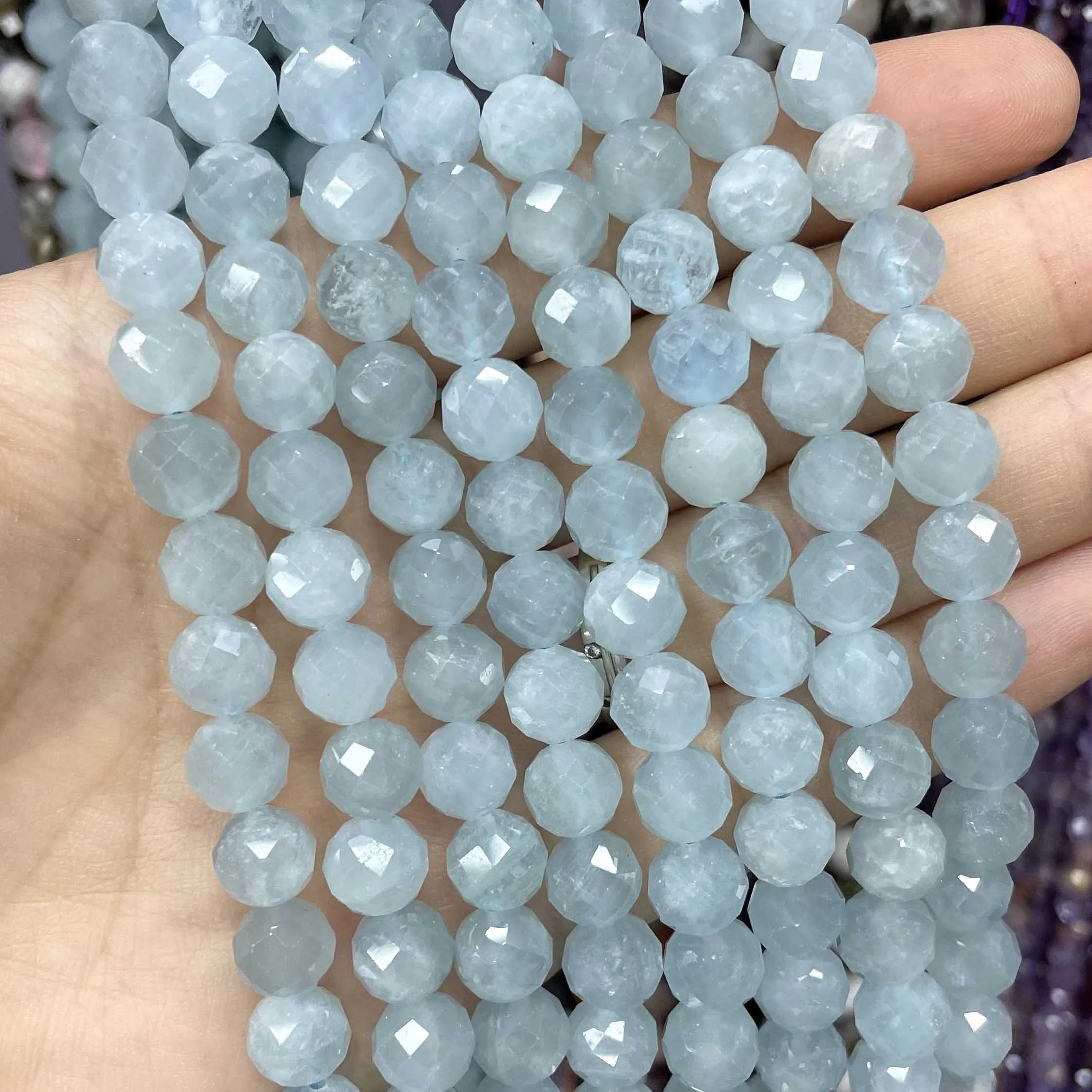 6/8/10MM Natural Stone Faceted Amethysts Aquamarines Amazonite Round Spacer Beads For Jewelry Making DIY Bracelet Necklace
