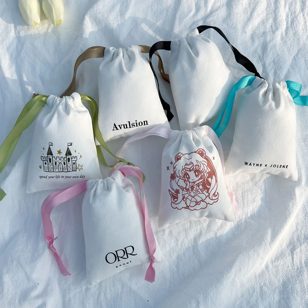 

100Pcs Personalized Logo White Cotton Jewelry Bag Canvas Drawstring Pouch Watch Boutique Sunglasses Cosmetic Gift Organizer Sack