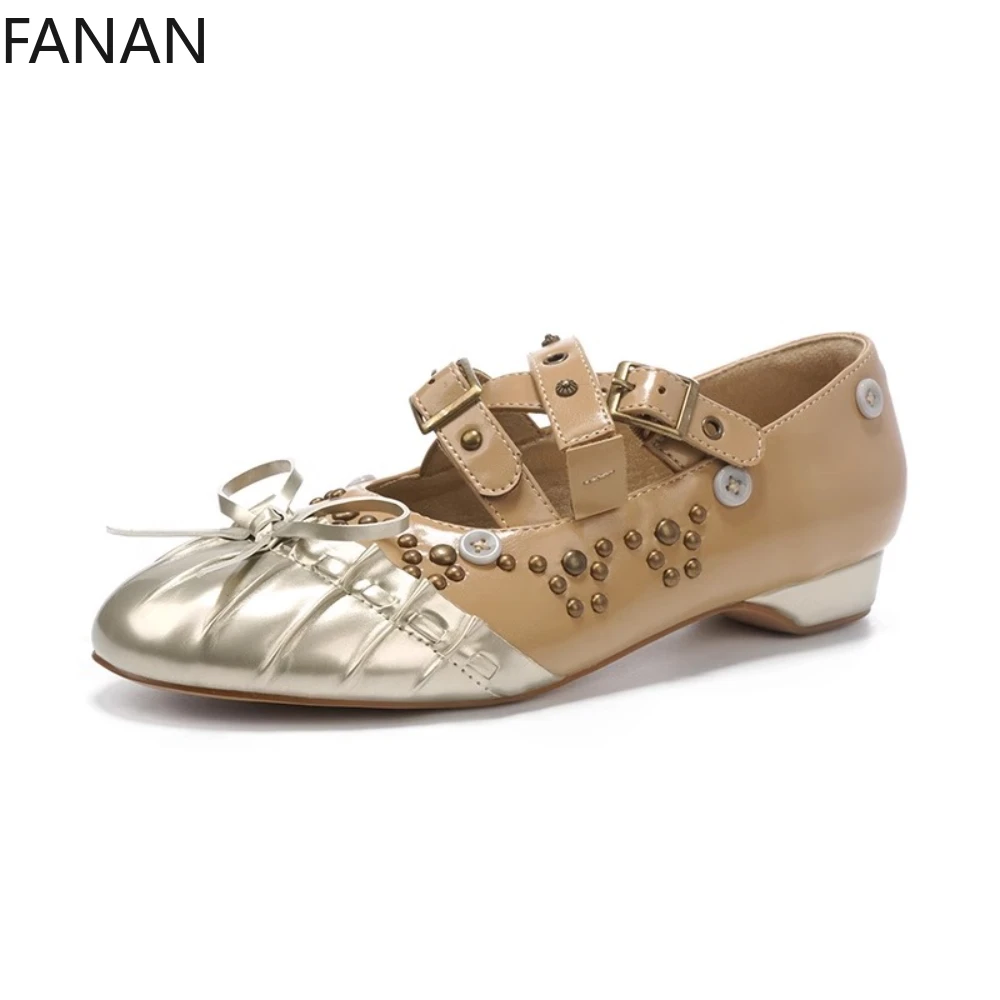 

Original Design Girl Shallow Mouth Ballet Shoes Heels Pumps Punk Rivet Bow Mary Jane Shoes Summer French Flat Shoe Women