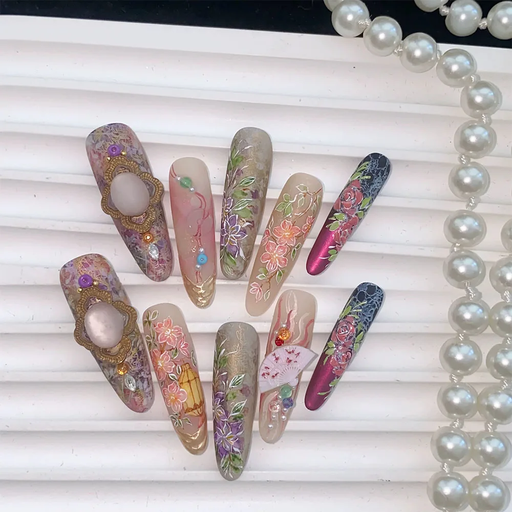 Retro Exquisite Diamond Pearl Hand Drawn Flower Nail Art Bowknot Glitter Chain Watercolor Smudge Long Fake Nail Hand Accessories
