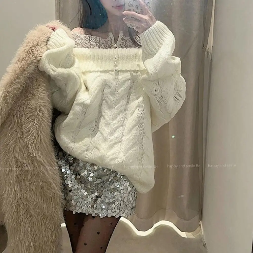 

Lace Long Sleeved Knitwear Loose Bottoming Shirt Off Shoulder Sweater Top Spring Autumn Winter Pullover Knitted Top for Women