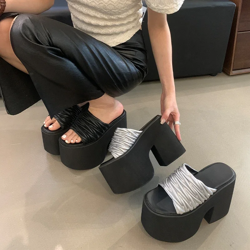 Eilyken Solid Platform Wedges Women Slippers Fashion Open Toe Thick Bottom High Heels Party Slide Shoes Summer Sandals