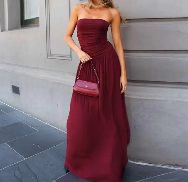 

Women's Dress 2026 Summer New Fashionable French Elegant Solid Color Strapless Backless High Waisted A-Line Party Dress