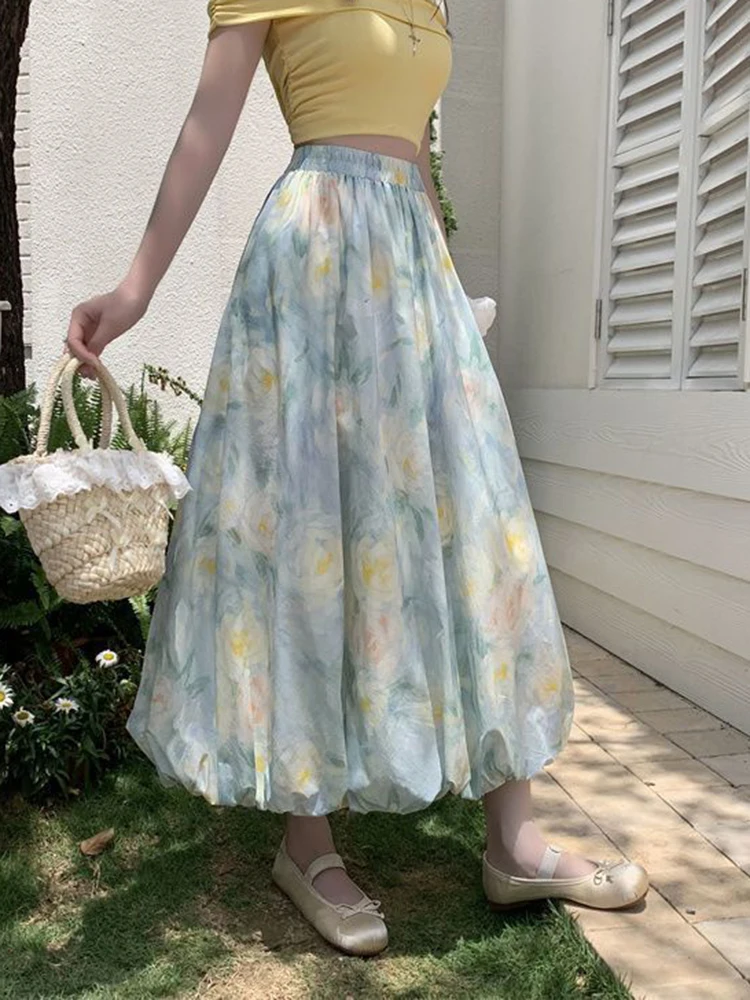 Jmprs Floral Sweet Ball Gown Long Skirt Women Elegant Vintage Korean High Waist Skirts Vintage Casual Female Loose Elegant Skirt