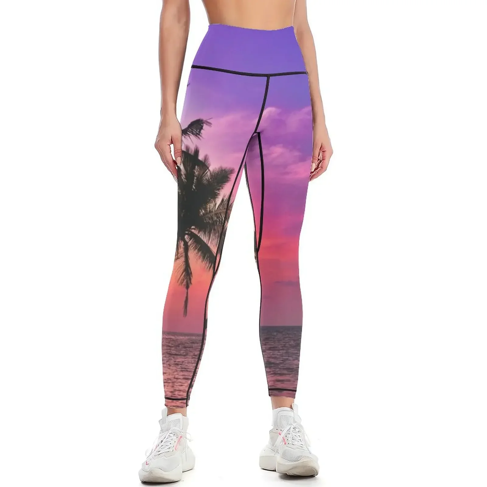 

Beautiful Tropical Pink Palm Tree Sunset Leggings Women's tights Sportswear woman gym gym sportswear woman Womens Leggings