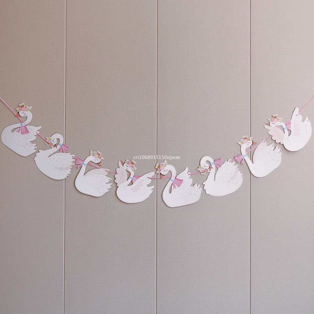 White Swan Garland Banner Bunting Pink White Wedding Decorations for Home Birthday Party Supplies Baby Shower Girls Decor Party