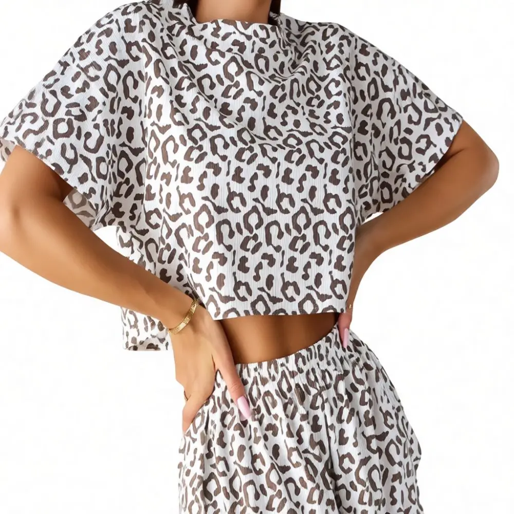 Stylish Leopard Print Pajamas Women Sexy Thin Sleepsuit Breathable Loungewear Set European Fashion Summer Night Home Apparel
