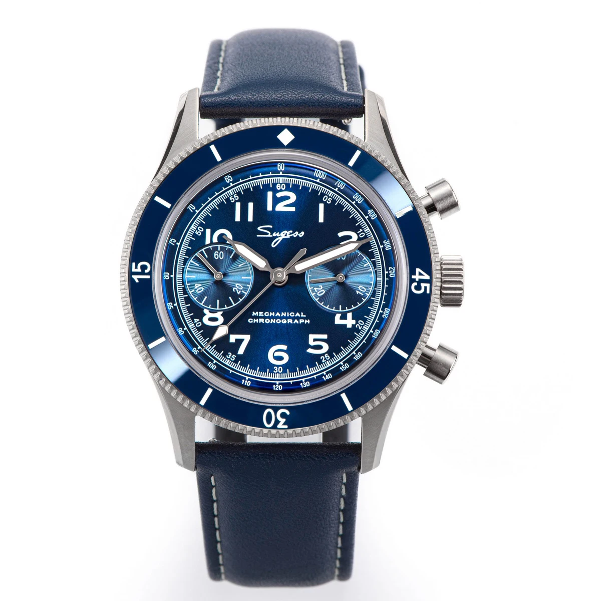 Sugess Pilot Watch Handwind Chronograph Mechanical Wristwatches Luminous Skeleton Men Watches Crystal Sapphire Leather New 2022