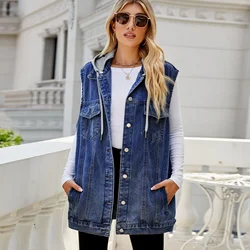 Vest Denim Jacket Women 2025 Streetwear Sleeveless Coats Patchwork Hooded Jeans Work Elegant Pockets Single Breasted Jackets