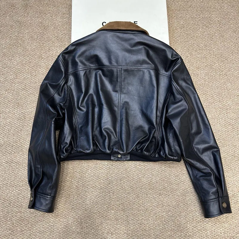 Giacca da donna in vera pelle con colletto rovesciato Cappotto primaverile con fibbia a fila singola in tessuto di velluto a coste