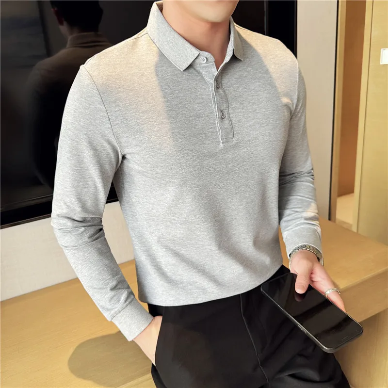 Men Long Sleeves POLO Shirt 2024 Autumn New British Style Pure Cotton Slim Fit Solid Casual T-shirt Quality Fashion Men Clothing