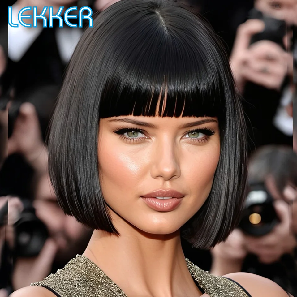 Lekker Lace Closure Short Straight Bob 100% Human Hair Wigs With Bangs For Women Brazilian Remy Hair Glueless Natural Dark Wigs