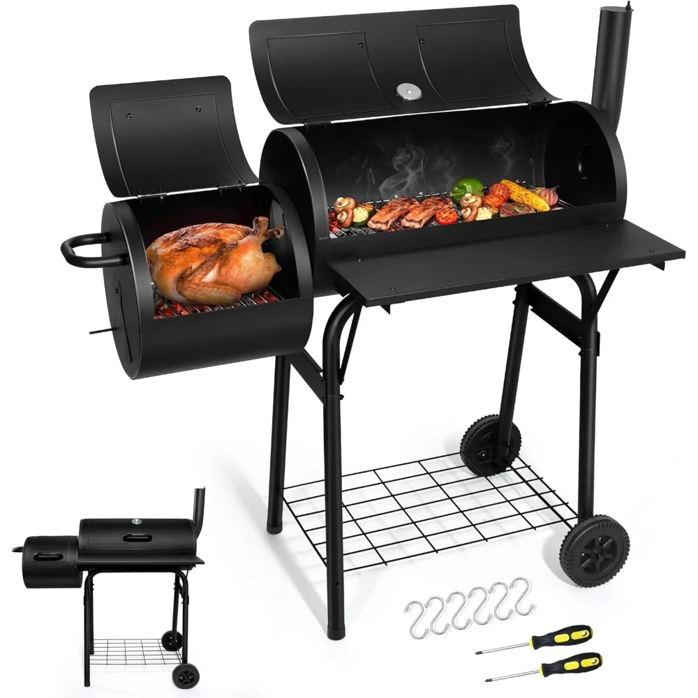 

Charcoal Grill with Offset Smoker, Camping Barbecue Grill with Side Fire Box, Thick Iron Steel & Dual Chamber Design,Thermometer