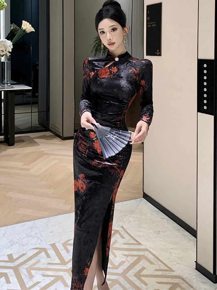 Otoño Invierno negro terciopelo Stand Collar vestido largo con abertura mujeres Vintage Hepburn vestido de graduación 2025 coreano elegante vestido de noche de lujo