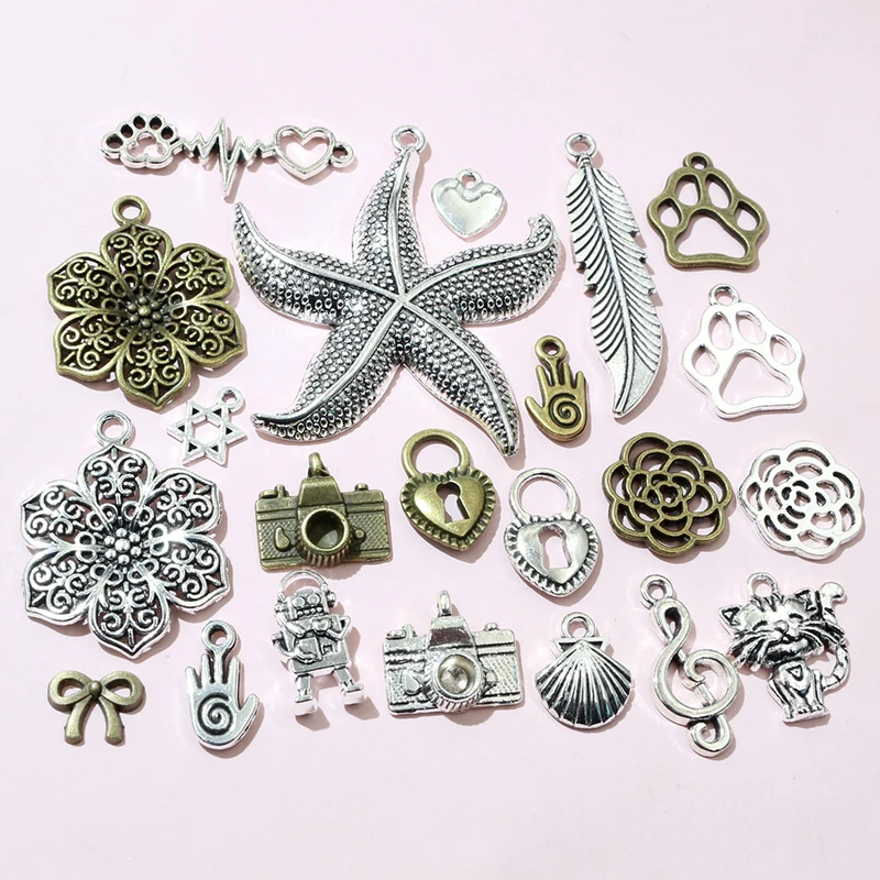 8-50pcs Craft Charms Pendant Alloy Metal Flower Shell Starfish Heart Cat Style DIY Jewelry Accessories for Necklace Earrings