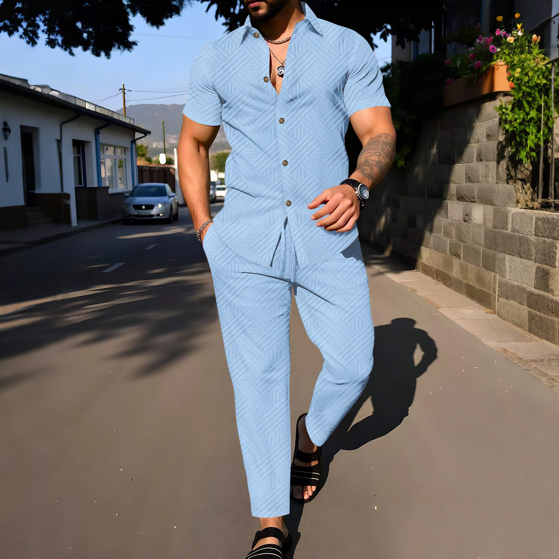 Picture 4: 2026 Men's Summer Geometric Textured 2 Piece Set Button Down Short Sleeve Shirt & Drawstring Pants