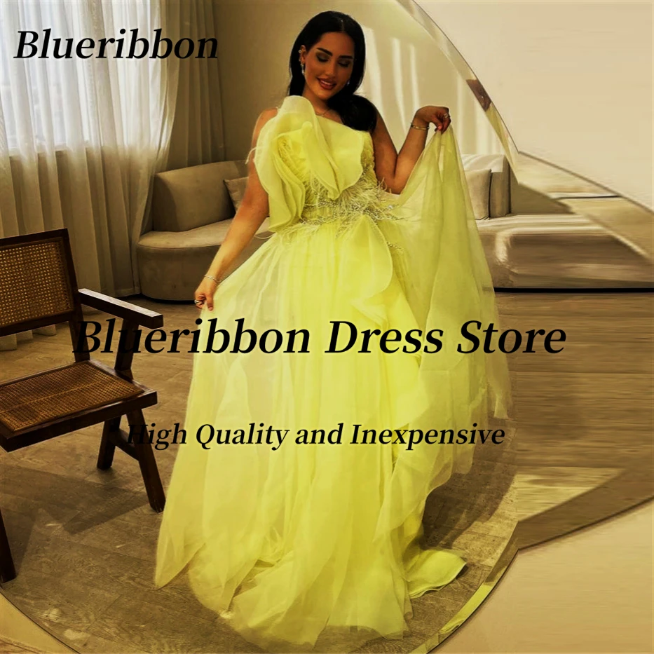 Blueribbon Vestidos De Noches Beaded Feathers Luxury Prom Dresses 2024 Spaghetti Straps Birthday Party Formal Evening Gowns