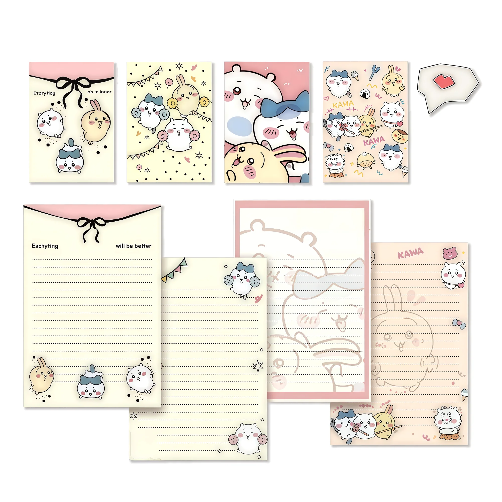 Chiikawa Letter Paper and Envelope Set: 4 Envelopes, 4 Cute Anime Hachiwari Rabbit Lined Paper Set – Back-to-School Writing Gift
