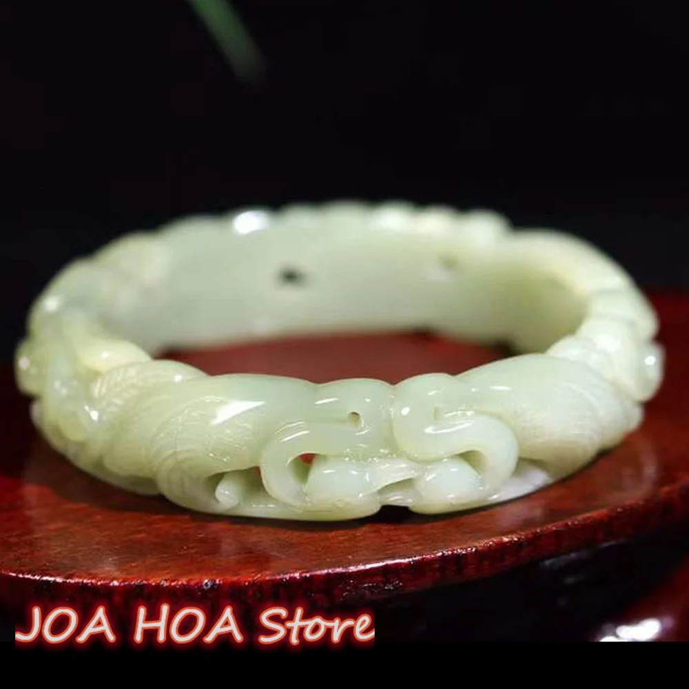 

7A Grade Natural Xinjiang Hetian Jade Bangle Hand-carved Hollow Azure Color Jade-Bracelet High Quality Handring Fine Jewelry