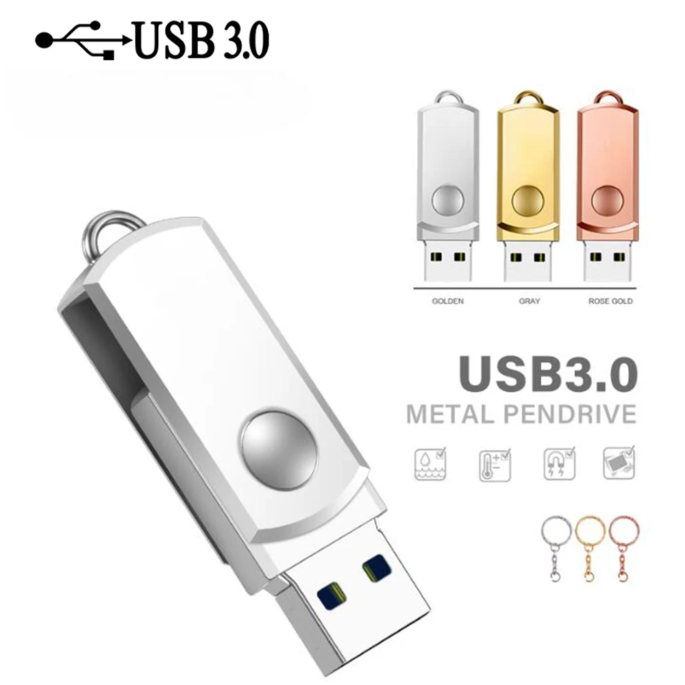 Rotatable Silvery Metal High Speed USB 3.0 Flash Drives 64GB 32GB Pen Drive 128GB 16GB 8GB 4GB Memory Stick Creative Gift U Disk