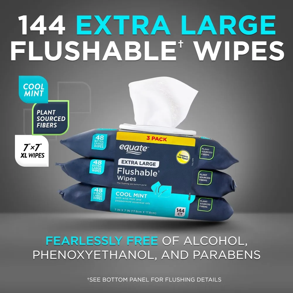 Extra Large Flushable Wet Wipes with Cool Mint Scent Pack of 144 Wipes 3 Packs Bulk Soft and Strong Cleansing Wipes for Adults and Baby view 3