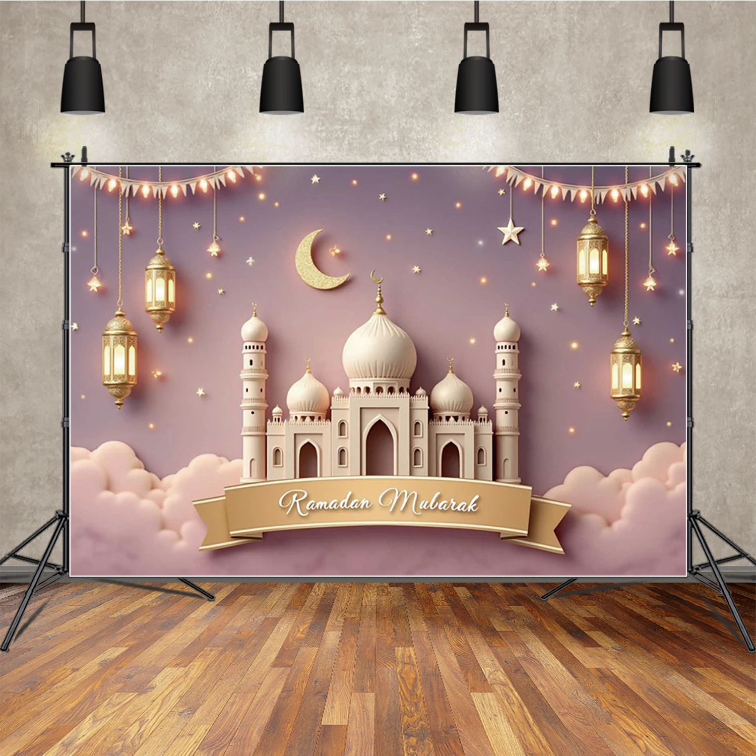 MOO.QG 2025 Eid Mubarak Islam creyente mezquita fondo fotografía Rosa Pairy Moon Festival fiesta Banner telón de fondo decoración