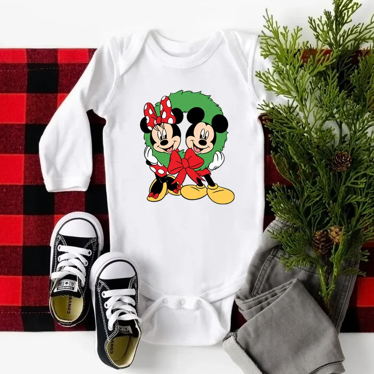 جميل عيد الميلاد ميكي ماوس الطفل ارتداءها طويلة الأكمام القطن الأبيض الخريف الملابس الوليد بذلة