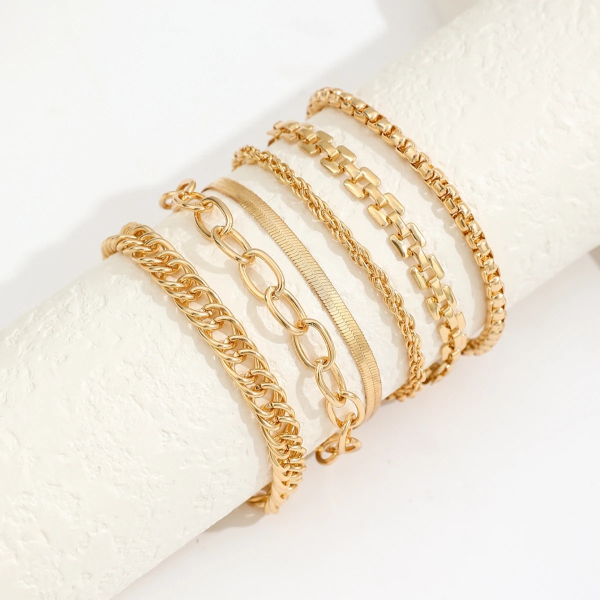 6Pcs Simple Punk Chunky Chain Bracelet Set Metal Link Chain Combo, Ensemble With Rope, Snake,Twisted Designs Bracelet Jewelry