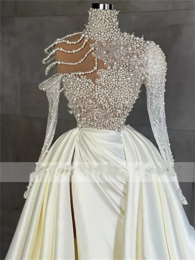 Customized Stunning High Collar See Through Shinny Pearls Mermaid Wedding Dresses South African Sweep Train Bridal Gowns