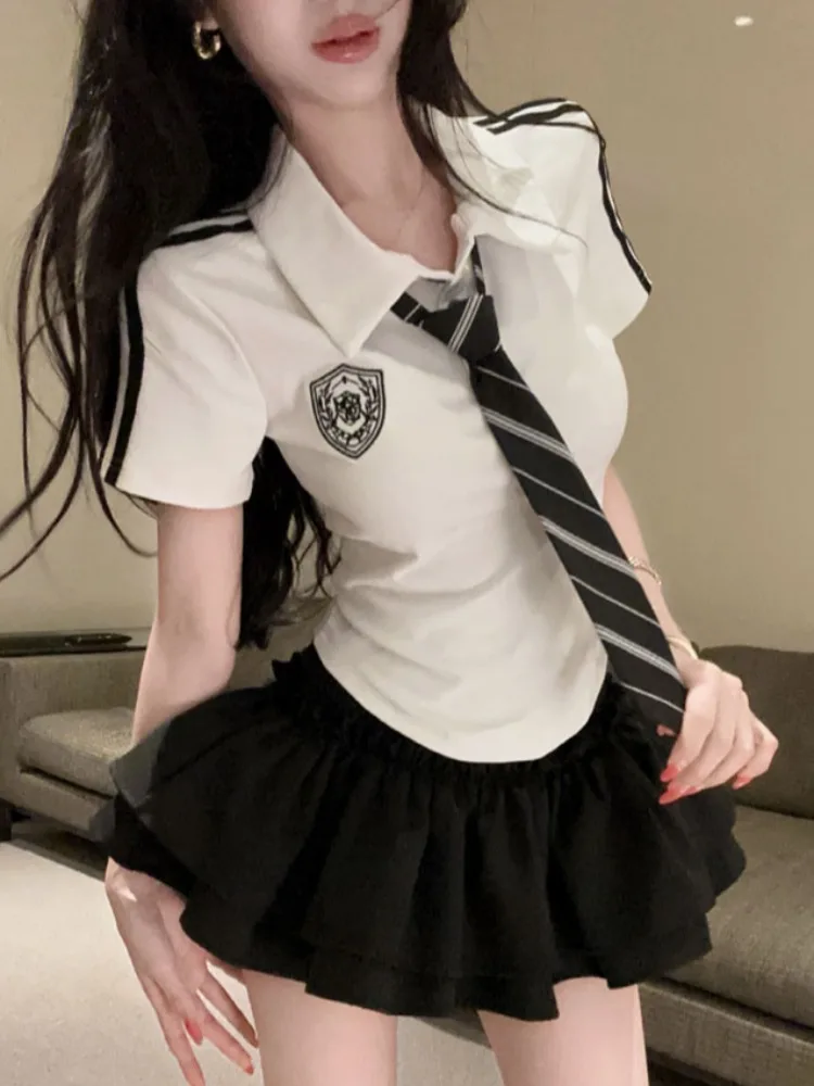 

Sweet College Style Embroidered Neck Slim Fit Short Sleeve T-Shirt Women Summer New High Waist Puffy Skirt JK Two Piece Set