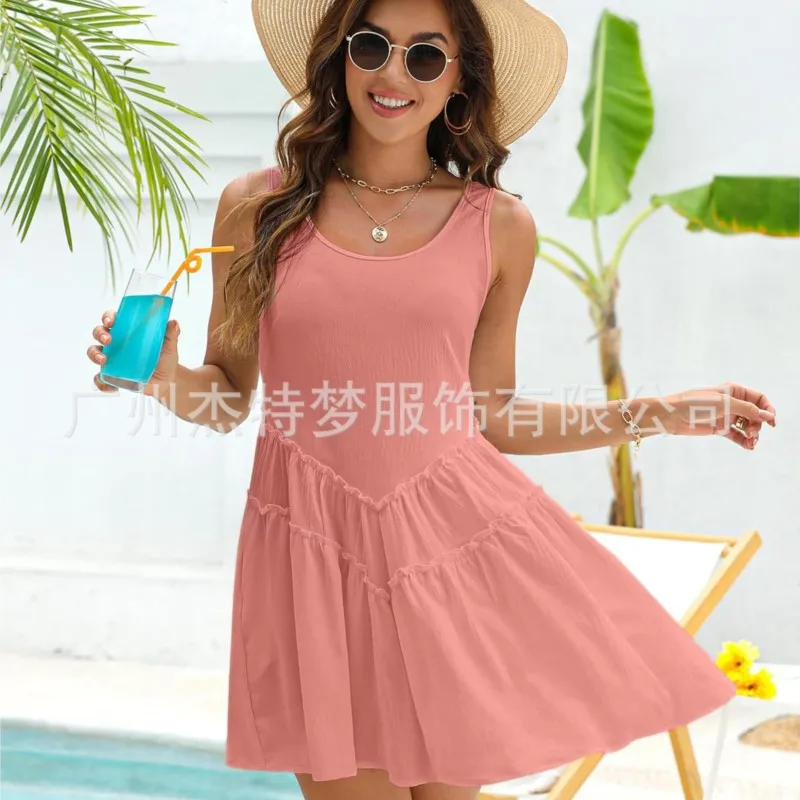 

Summer 2025 Women's Vest Skirt White Fashion Patchwork Pink Girl's Pocket Casual Vacation Beach Dress