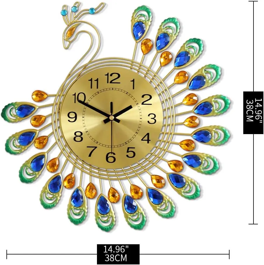 Peacock Wall Clock for Living Room Decor 14 inch Metal Design Non-Ticking Silent Decorative Wall Clocks for Home Office Indoor