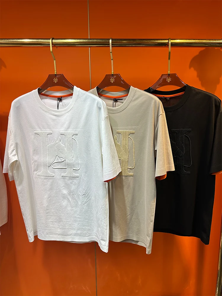 Heavyweight Cotton Embroidered ort Sve T-irt Men's Casual round Ne Top Breathable Faionable Urban Sle Summer New...