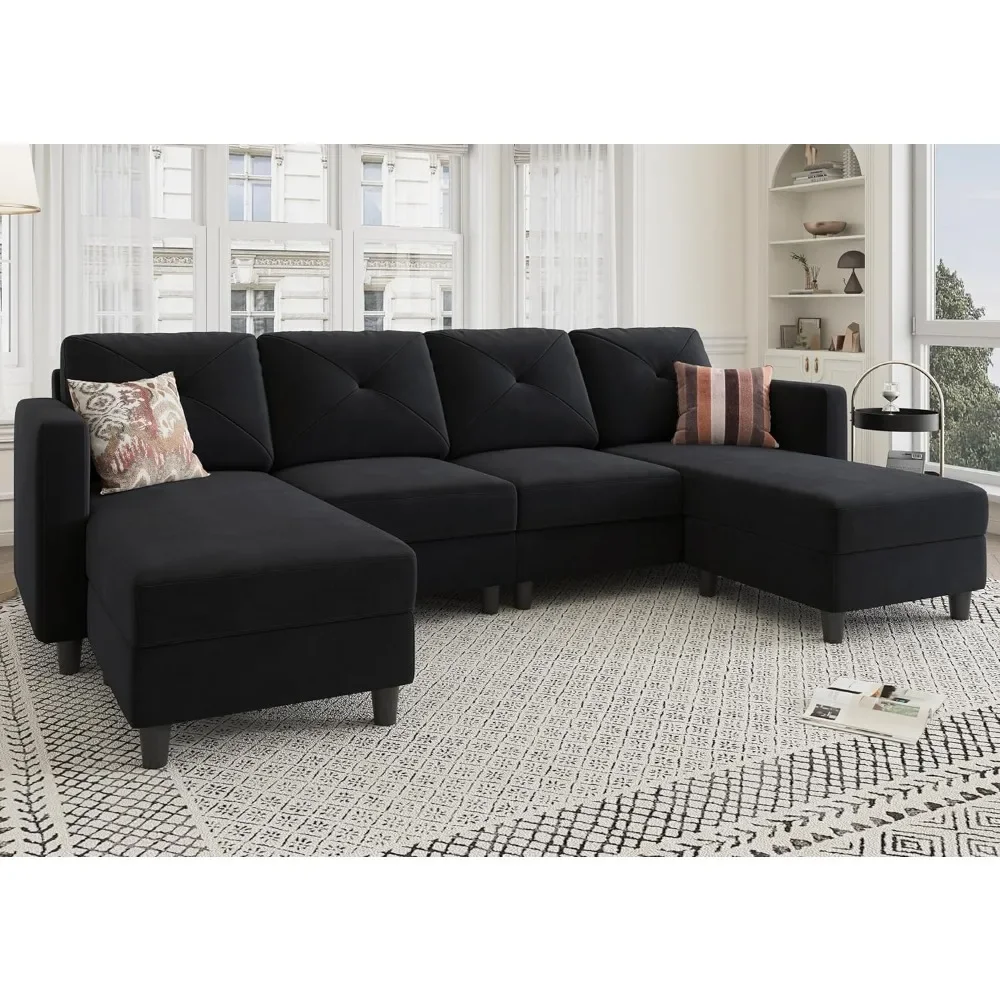 

Velvet 4 Seater Sofa with Chaise for Living Room U Shaped Sectional Couch Black Sofas Convertible Modular Sofa