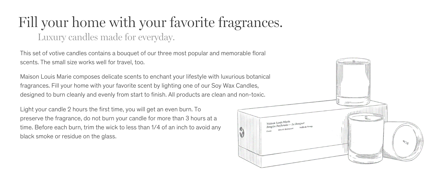 Fill your home with your favorite fragrances. A set of three votive candles in floral scents.