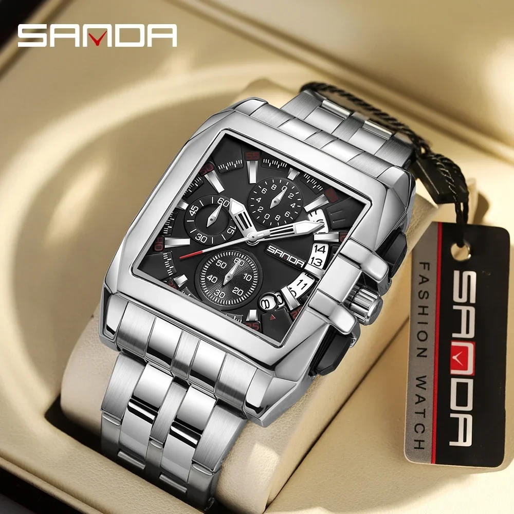 SANDA 5302 innovate Fashion trend Quartz Wristwatch Waterproof Square Dial Design Date Fluorescence Men’s Watch