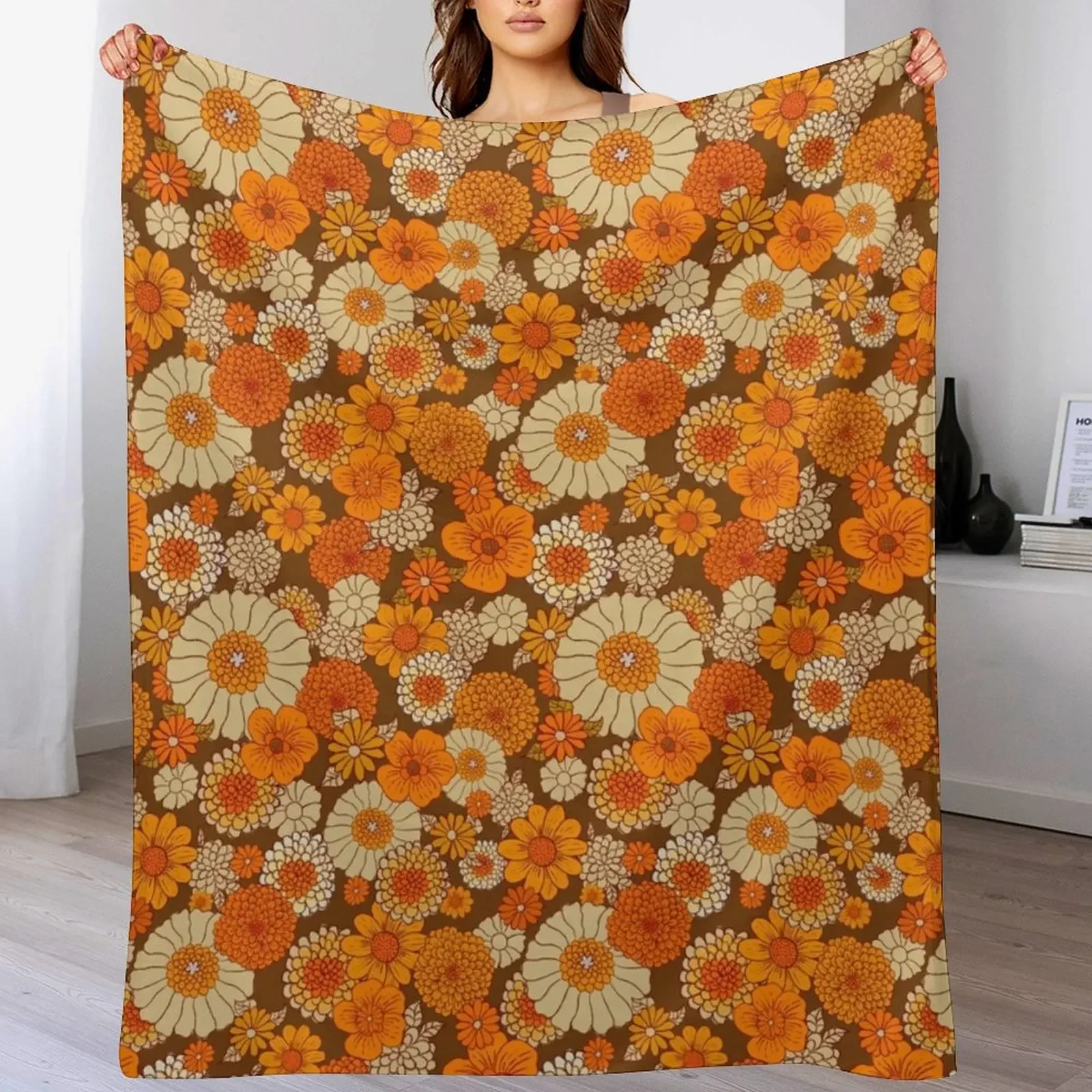 

70s retro daisies, vintage flower power, orange and brown, boho, Throw Blanket Travel Plaid Blankets