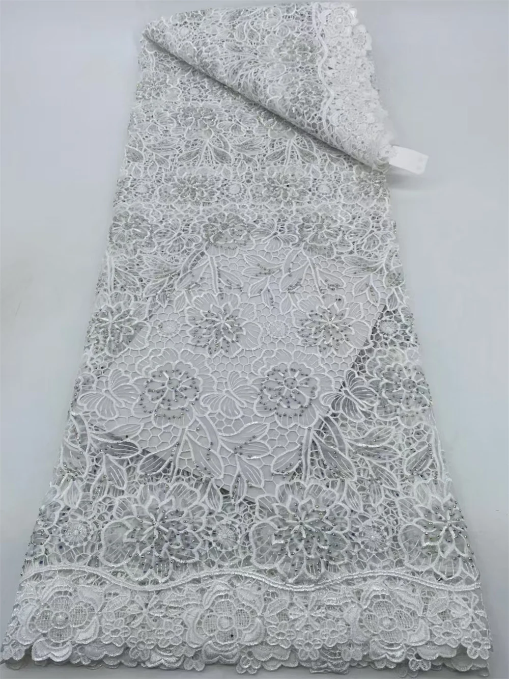 White African chiffon guipure lace fabric with stones high quality french embroidery cord lace for wedding dress 5yards