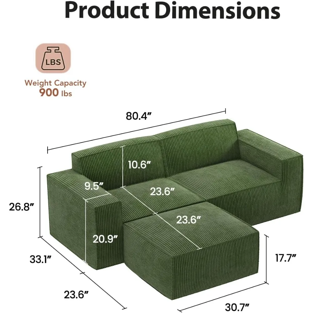 80-Zoll-Sofagarnitur in L-Form mit Chaiselongue, wolkenartigem Plüsch-Cordkissen und hohen Rückenlehnen für das Wohnzimmer