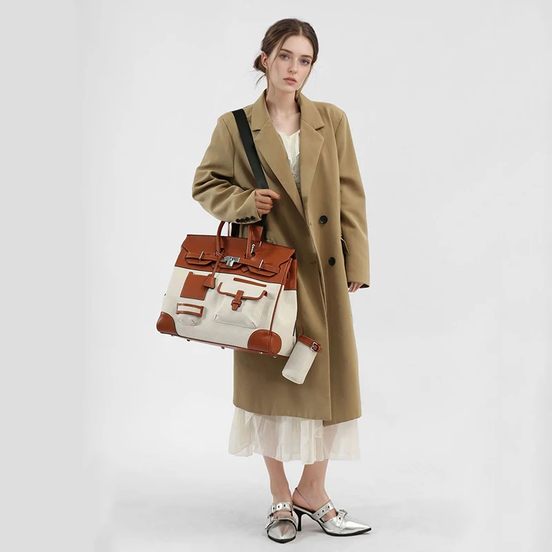 جديد التباين قماش اللون مطابقة المحمولة اضافية كبيرة البلاتين حقيبة الترفيه حقيبة السفر حقيبة الكتف متدلي