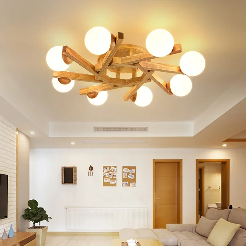 

Nordic Wood/Led Ceiling Lamps For Living Room Home Decor Milky Glass Ball Chandeliers Bedroom Kitchen Study Loft Light Fixture