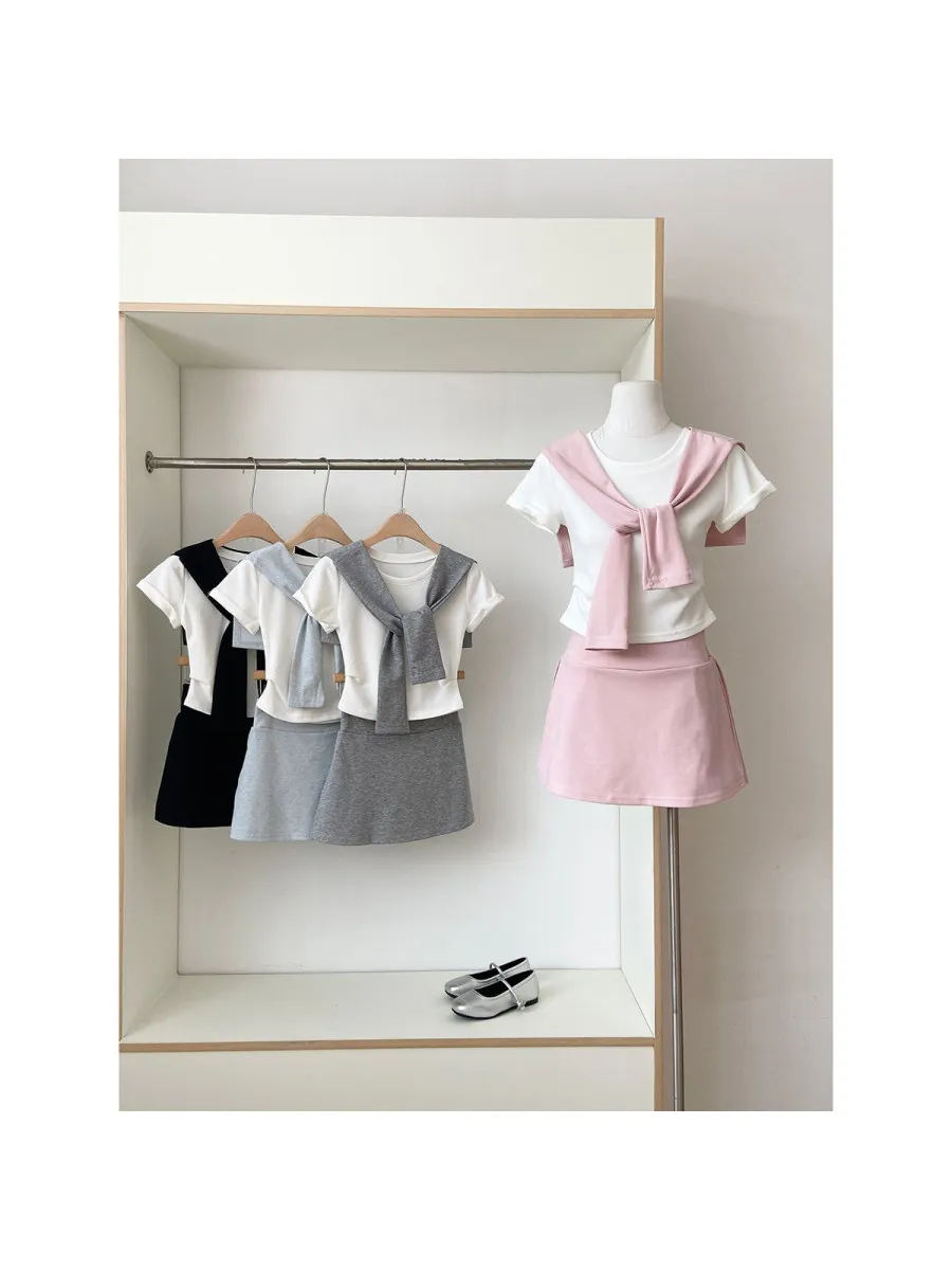 

Summer 2026 Korean Style College Girl Short Sleeve Top And Puffy Skirt Set Women's Spicy Pure Desire Short Skirt Outfit