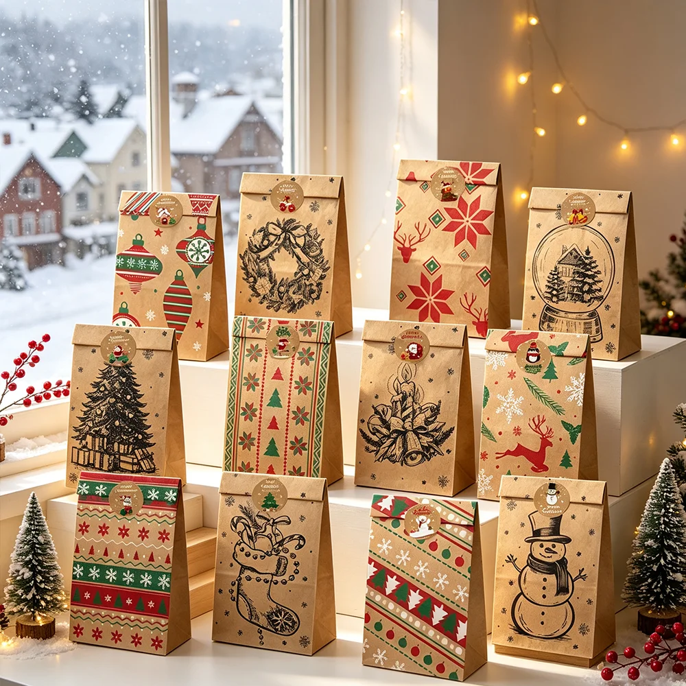 24Pcs Retro Christmas Kraft Gift Bags with Stickers, Assorted Xmas Goodie Treat Bags, Holiday Kraft Paper Gift Packaging Bags