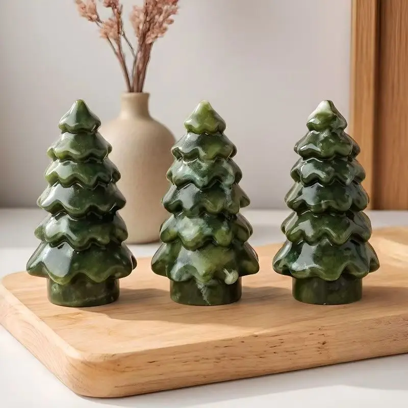 Natural Xiuyan Jasper Christmas Tree Carving Hand Carved Gemstone Xmas Tree Figurine Holiday Home Decor Gift